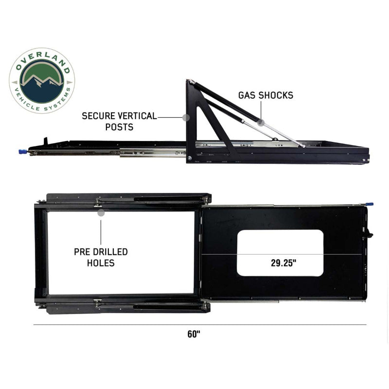 Image of heavy-duty refrigerator slide mount showing gas shocks, vertical support posts, and pre-drilled mounting holes, black powder-coated steel frame displayed in side and top views with measurements on white background.