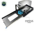 Image of heavy-duty sliding refrigerator tray with gas strut assist, black powder-coated steel platform extended for easy access with fridge overlay, angled top and side view on white background.
