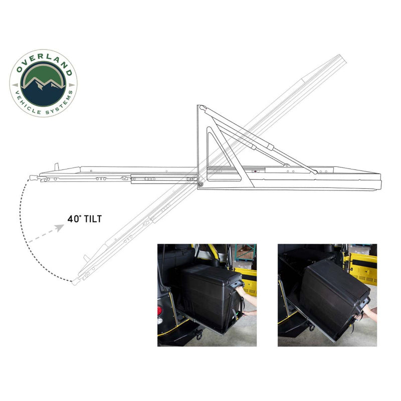 Image of tilting sliding refrigerator tray with 40-degree tilt function illustrated, black powder-coated steel frame shown in technical diagram and in-vehicle use, side view on white background.