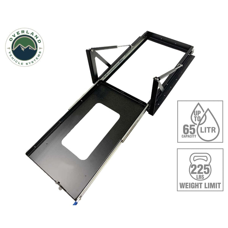Image of heavy-duty sliding refrigerator tray with gas strut assist, black powder-coated steel frame rated for up to 65L fridges and 225 lb capacity, angled top and side view on white background.