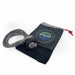 Image of Overland Vehicle Systems soft shackle recovery rope coiled with protective sleeve and branded storage pouch, gray braided synthetic rope with black and green logo, front angled view on white background.
