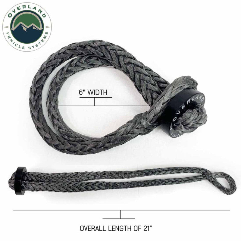 Image of Overland Vehicle Systems soft shackle recovery rope showing 6-inch width and 21-inch overall length, gray braided synthetic rope with black protective sleeve, top and side view on white background.