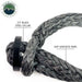 Image of Overland Vehicle Systems soft shackle close-up showing 5/8-inch gray braided synthetic rope with 2.5-inch black steel collar, detailed angled view on white background.