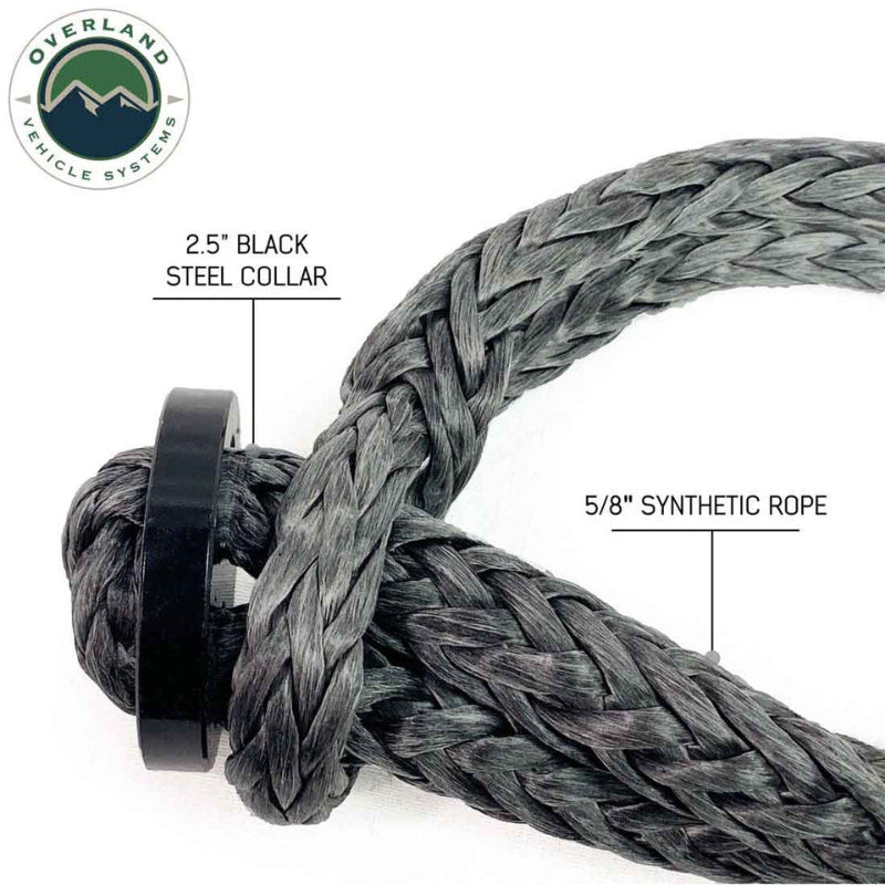 Image of Overland Vehicle Systems soft shackle close-up showing 5/8-inch gray braided synthetic rope with 2.5-inch black steel collar, detailed angled view on white background.
