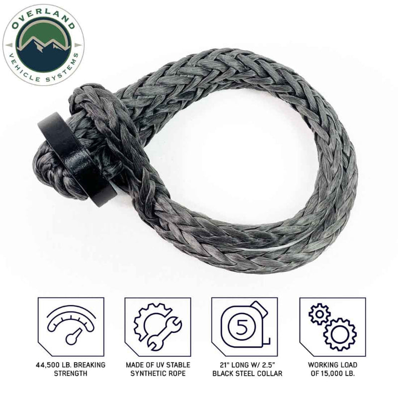 Image of Overland Vehicle Systems soft shackle recovery rope with black steel collar and feature icons showing strength and specifications, gray braided synthetic rope displayed in looped form on white background.
