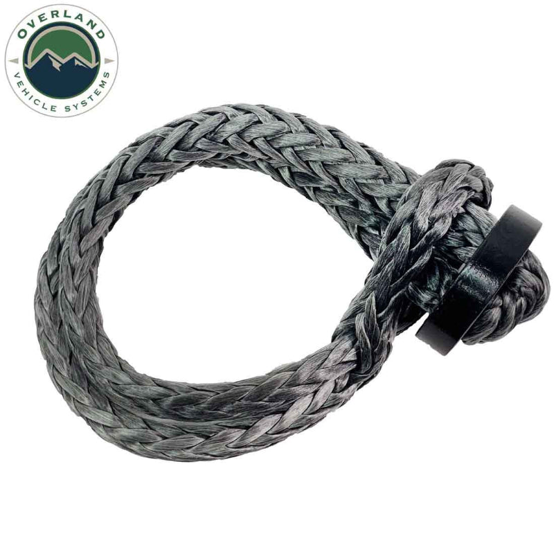 Image of Overland Vehicle Systems soft shackle recovery rope with black steel collar, gray braided synthetic rope formed in a closed loop, angled front view on white background.