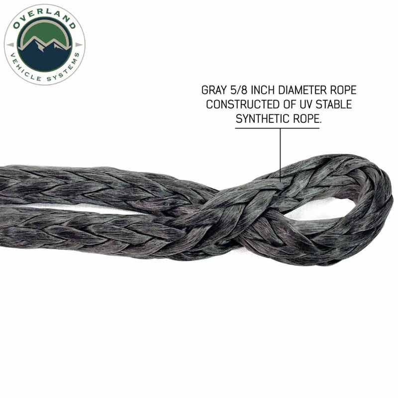 Image of Overland Vehicle Systems soft shackle rope close-up showing 5/8-inch gray braided UV-stable synthetic rope construction, detailed side view on white background.