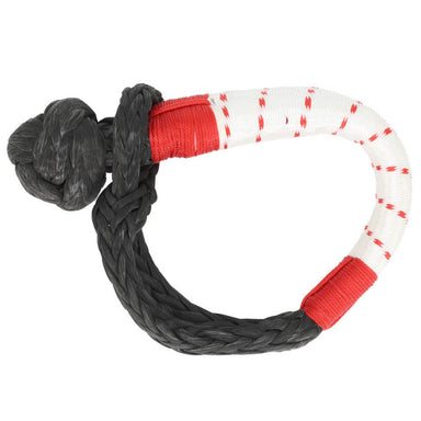 Image of a black soft shackle with a knotted end, featuring red and white striped protective sleeving on the loop, on a white background.