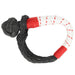 Image of a black soft shackle with a knotted end, featuring red and white striped protective sleeving on the loop, on a white background.