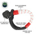 Image of a looped black soft shackle with red and white striped protective sleeving, detailing its 23" length with a 3" diamond knot, 36,000 lbs breaking strength, UV stable synthetic rope material, and a 7,200 lbs working load, on a white background with the "Overland Vehicle Systems" logo.