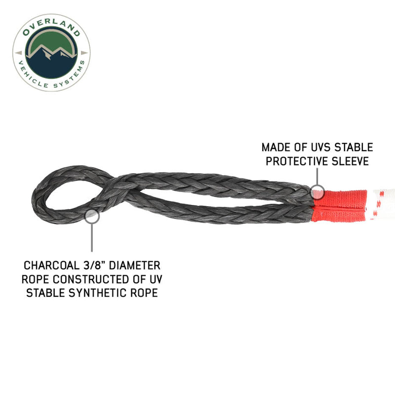 Image of a charcoal 3/8" diameter UV stable synthetic rope with a looped end and a red UV stable protective sleeve, on a white background with the "Overland Vehicle Systems" logo.