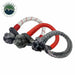 Image of two soft shackles, one charcoal with red and white striped sleeving and one gray with red sleeving, intertwined on a white background with the "Overland Vehicle Systems" logo.