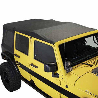 Image of a Black Diamond OVS soft top on a yellow Jeep Wrangler. The soft top is fully installed and shown from a side and front angle.