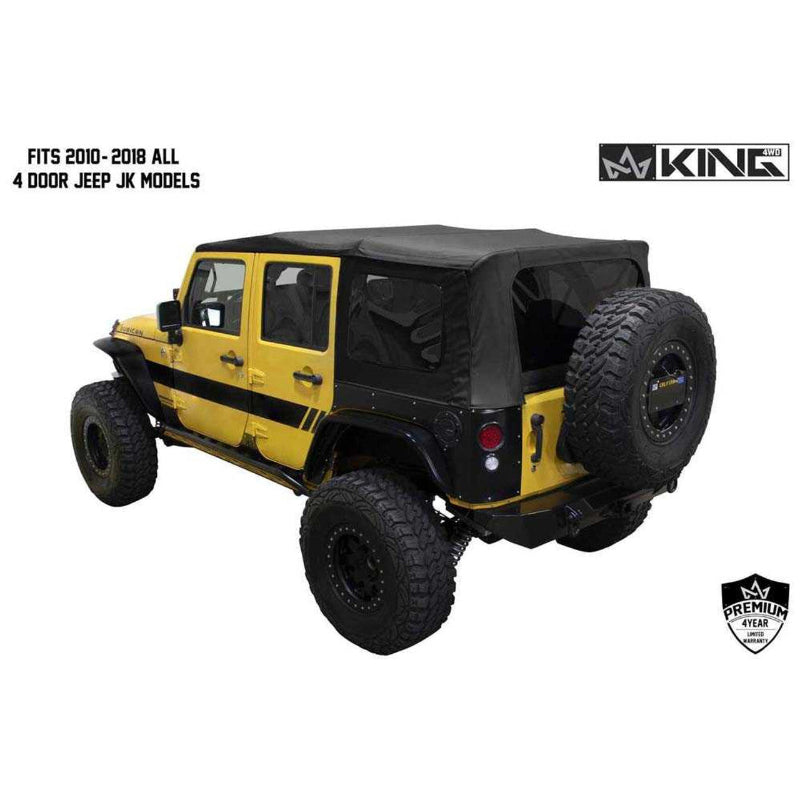 Image of a Black Diamond OVS soft top on a yellow Jeep Wrangler, shown from a rear three-quarter view on a white background. The soft top features a large rear window