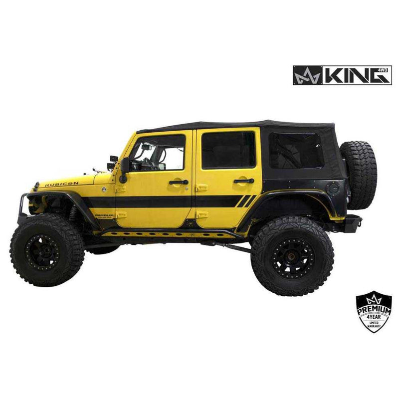 Image of a Black Diamond OVS soft top on a yellow Jeep Wrangler, shown from a direct side view on a white background. The soft top covers the full passenger cabin and rear area