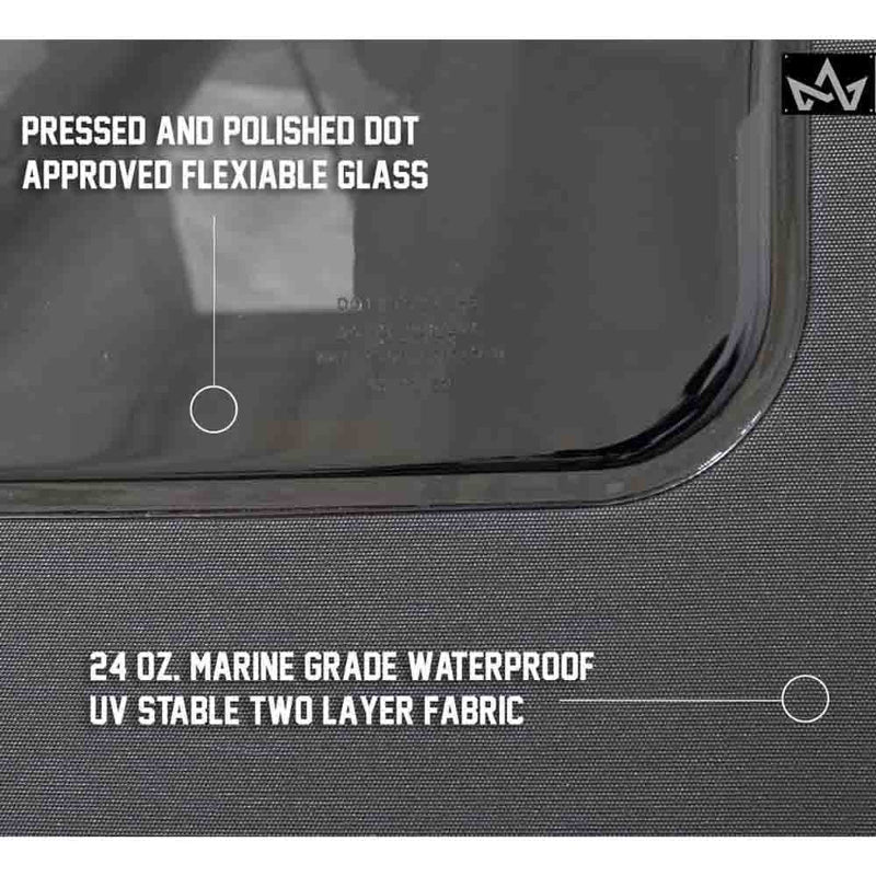 Close-up image of the material used for the Black Diamond OVS soft top, highlighting the DOT-approved flexible glass and the 24 oz. marine-grade waterproof two-layer fabric. The image text describes both materials