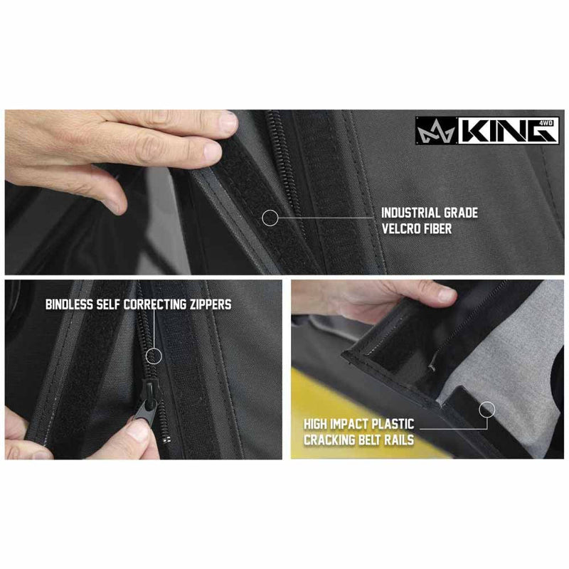 Close-up images of the features on a Black Diamond OVS soft top, including industrial-grade Velcro, self-correcting zippers, and high-impact plastic cracking belt rails. The images demonstrate the quality and durability of the components