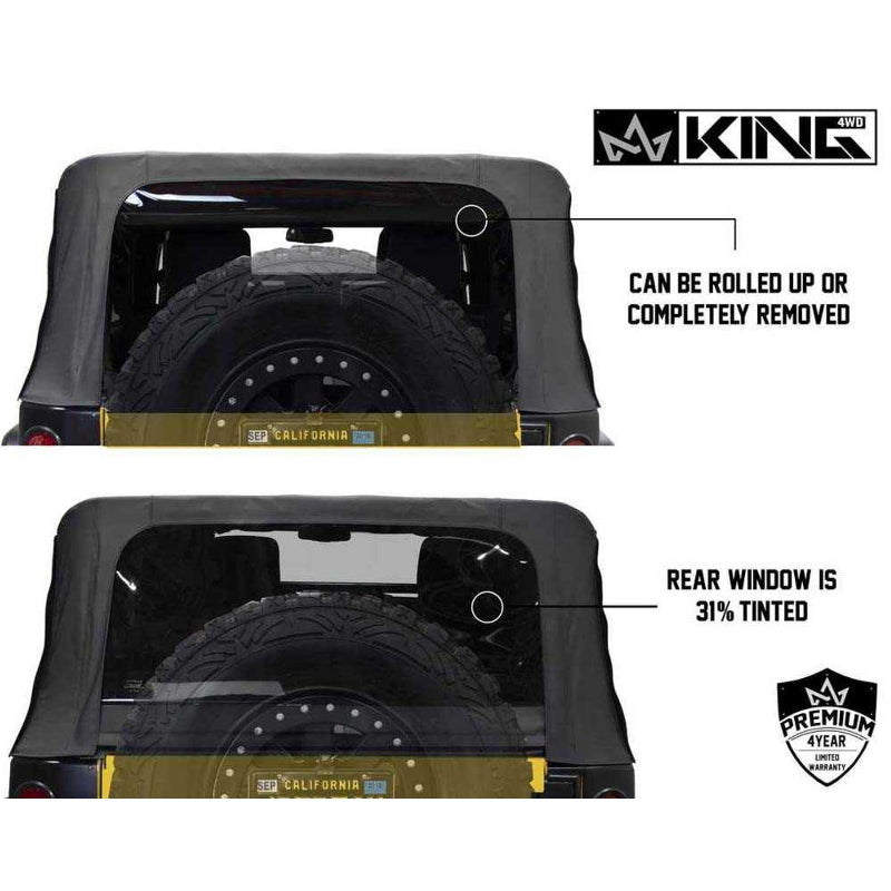 Image of the Black Diamond OVS soft top on a Jeep Wrangler, demonstrating the rear window's features. The two views show that the 31% tinted rear window can be rolled up or completely removed