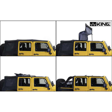 Image showing a Black Diamond OVS soft top on a yellow Jeep Wrangler being opened in four steps. The images demonstrate how the front section of the soft top can be unlatched and folded back