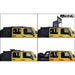 Image showing a Black Diamond OVS soft top on a yellow Jeep Wrangler being opened in four steps. The images demonstrate how the front section of the soft top can be unlatched and folded back