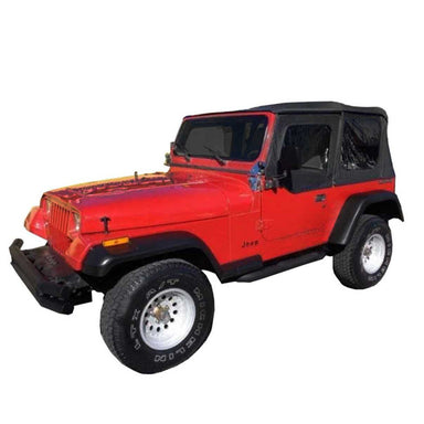 Image of a Black Diamond soft top on a red Jeep Wrangler YJ, shown from an angled side and front view on a white background. The soft top is fully installed and covers the passenger cabin