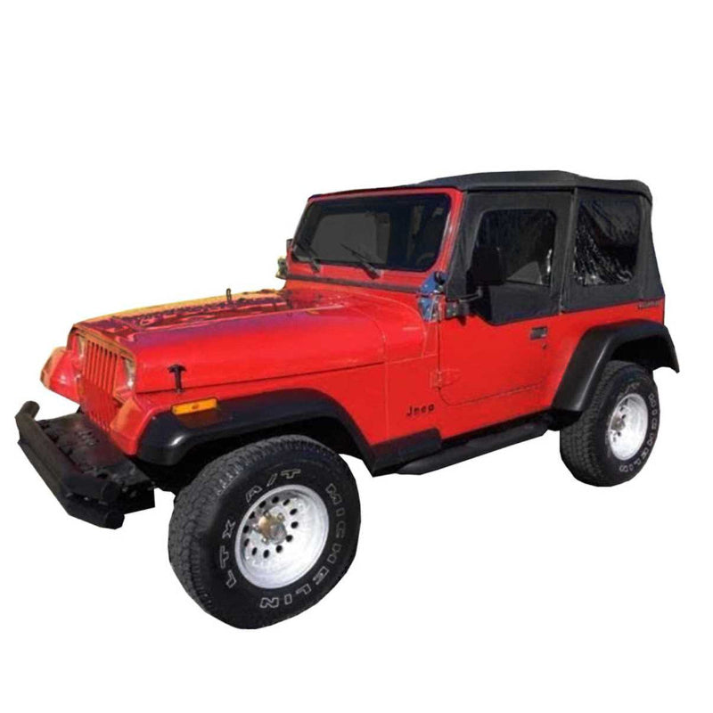 Image of a Black Diamond soft top on a red Jeep Wrangler YJ, shown from an angled side and front view on a white background. The soft top is fully installed and covers the passenger cabin