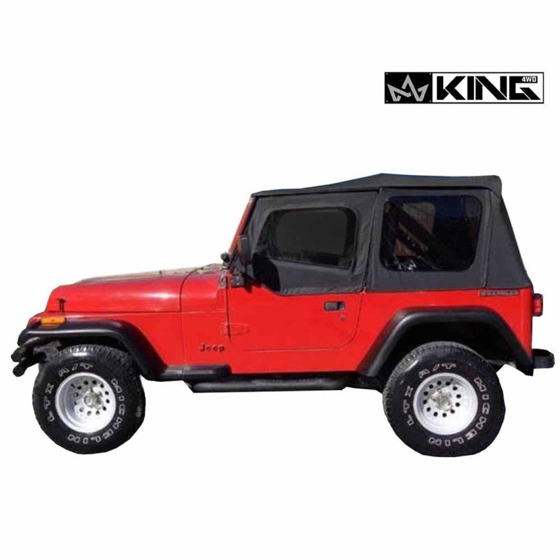 Image of a Black Diamond soft top on a red Jeep Wrangler YJ, shown from a side profile view on a white background. The soft top is fully installed and covers the passenger cabin