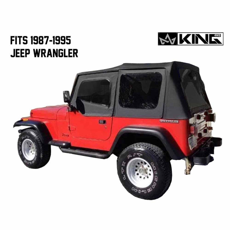 Image of a Black Diamond soft top on a red Jeep Wrangler YJ, shown from a rear three-quarter view on a white background. The soft top features side and rear windows