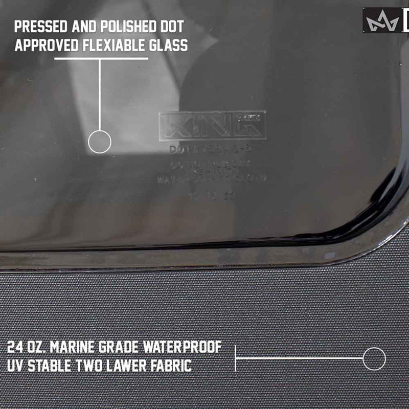 Close-up image showcasing the material quality of the Black Diamond soft top, emphasizing the pressed and polished DOT-approved flexible glass and the 24 oz. marine-grade waterproof UV stable two-layer fabric. Text labels highlight these features