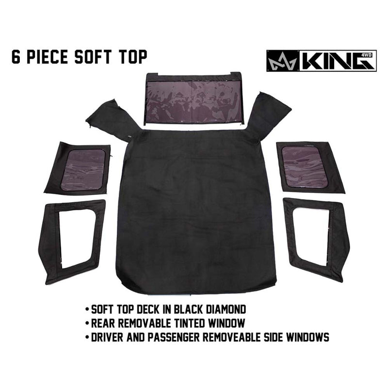 Image of a Black Diamond 6-piece OVS soft top laid out on a white background, displaying all its components. The set includes the main soft top deck, a rear removable tinted window, and four removable side windows