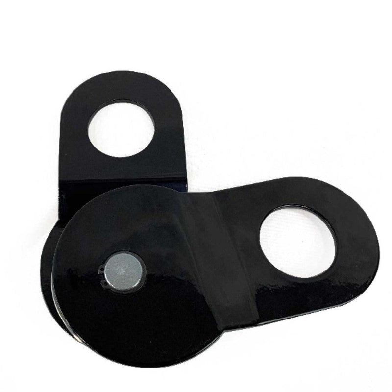 Image of Overland Vehicle Systems standard snatch block pulley with black steel construction and dual mounting holes, compact recovery hardware shown in angled top view on white background.