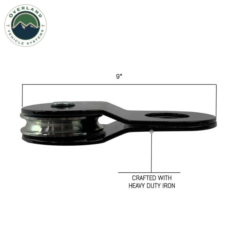 Image of Overland Vehicle Systems standard snatch block showing 9-inch length and heavy-duty iron construction, black recovery pulley displayed in side profile view on white background.