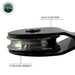 Image of Overland Vehicle Systems standard snatch block close-up showing black gloss finish pulley wheel and steel housing with 5-year finish warranty callout, side detail view on white background.