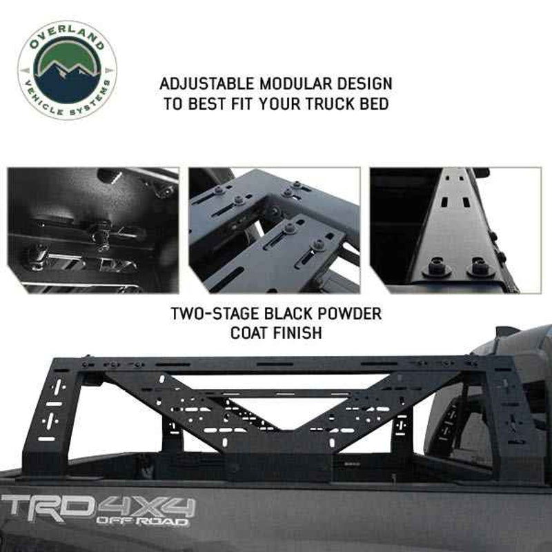 Image of adjustable modular pickup truck rack with two-stage black powder coat finish, highlighting the design flexibility and sturdy construction, showcasing the close-up details of the mounting system and frame
