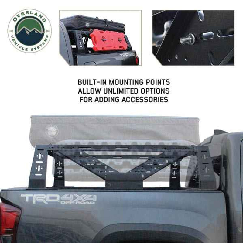 Image of a mid-height pickup truck rack with built-in mounting points, showcasing the attached rooftop tent and a red jerry can, demonstrating the versatility of the rack for adding accessories, viewed from the side with clear background