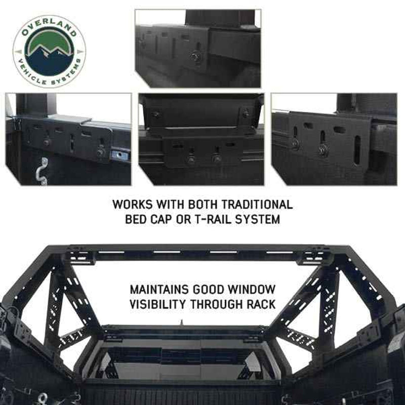 Image of mid-height pickup truck rack with clear mounting points designed for both traditional bed cap and T-rail system, showing the sleek structure that ensures good visibility through the rack, with detailed views of its installation areas
