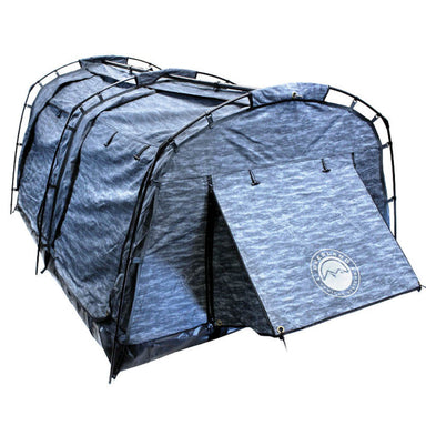 Image of the Overland Vehicle Systems Khumbu 2-person Soft Shell Tent. The gray-and-black tent is fully set up, showing the front opening and a side profile with its full aluminum frame visible on a white background