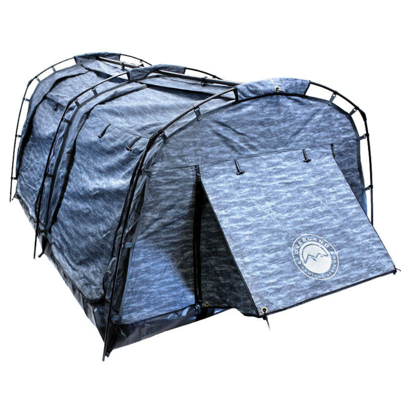 Image of the Overland Vehicle Systems Khumbu 2-person Soft Shell Tent. The gray-and-black tent is fully set up, showing the front opening and a side profile with its full aluminum frame visible on a white background