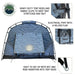 Image of the Overland Vehicle Systems Khumbu 2-person Soft Shell Tent. The image highlights key features including heavy-duty tent rods and fabric clips, an electrical port with a Velcro flap, and the easy key and ring setup for the tent rods, all on a white background
