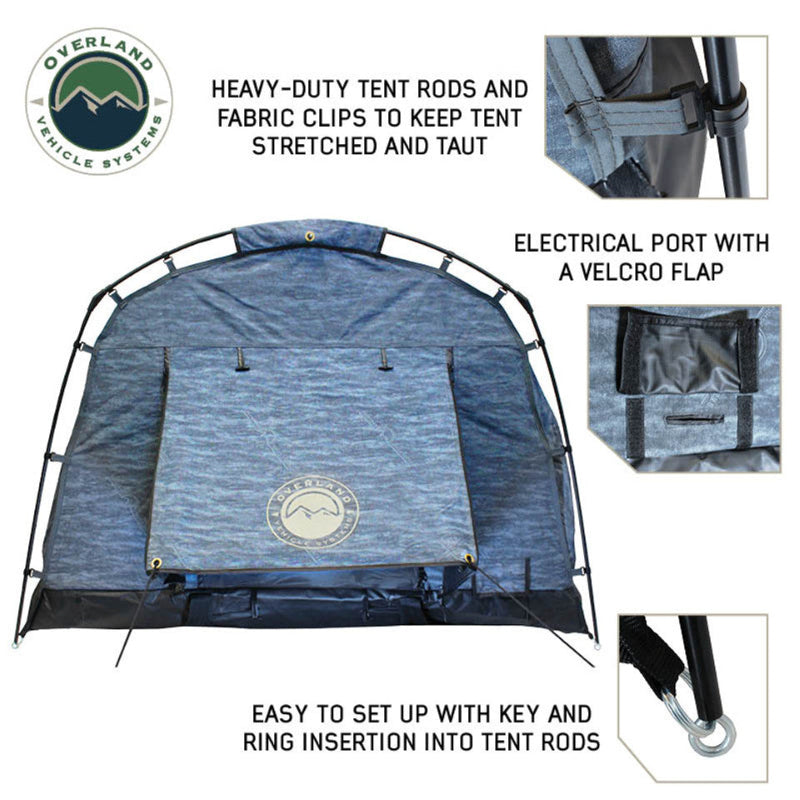 Image of the Overland Vehicle Systems Khumbu 2-person Soft Shell Tent. The image highlights key features including heavy-duty tent rods and fabric clips, an electrical port with a Velcro flap, and the easy key and ring setup for the tent rods, all on a white background