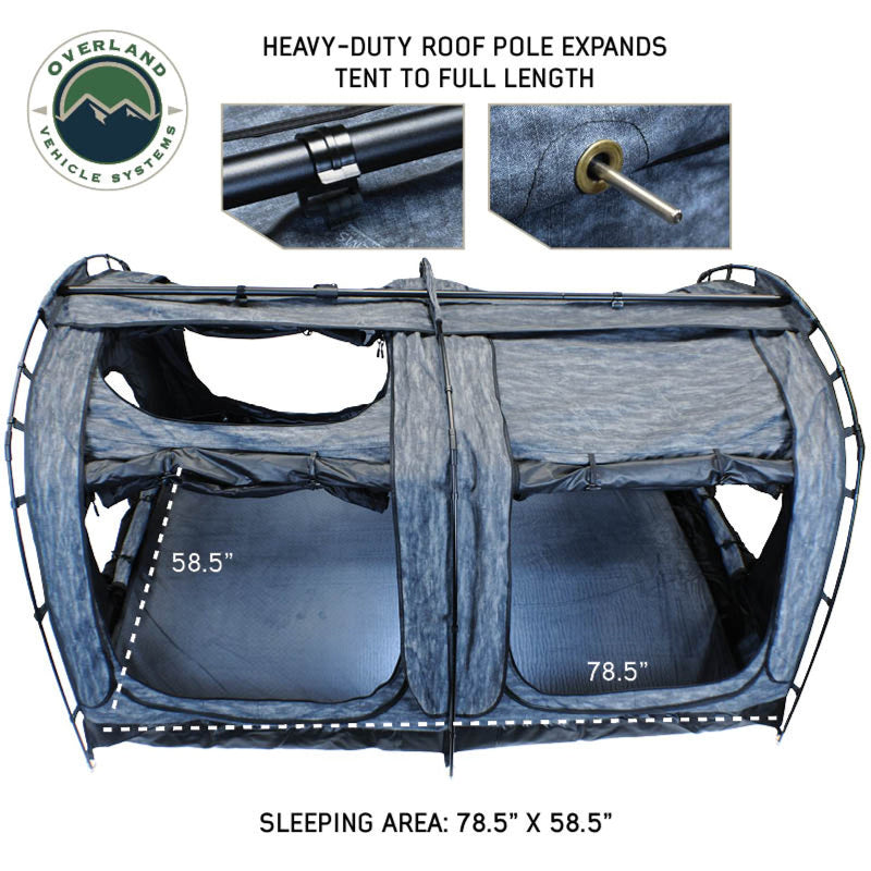 Image of the interior of the Overland Vehicle Systems Khumbu 2-person Soft Shell Tent. The tent is shown fully opened with a heavy-duty roof pole, highlighting the interior sleeping dimensions of 78.5" x 58.5" on a white background
