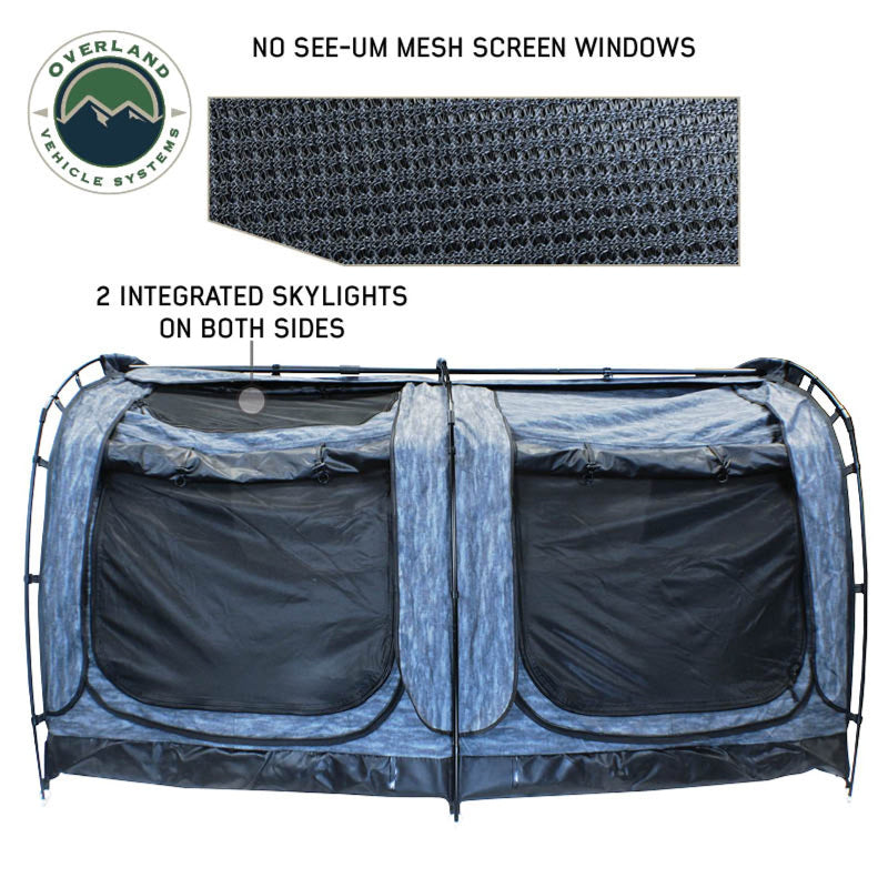 Image of the Overland Vehicle Systems Khumbu 2-person Soft Shell Tent's interior, showcasing two integrated skylights and No-See-Um mesh screen windows for insect protection, all on a white background