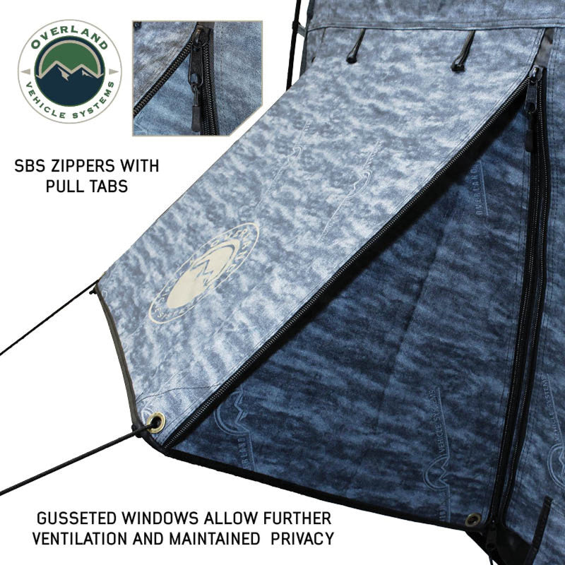 Image of the Overland Vehicle Systems Khumbu 2-person Soft Shell Tent. The image highlights the SBS zippers with pull tabs and the gusseted windows that allow for ventilation while maintaining privacy on a white background