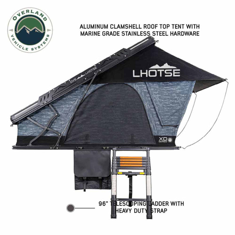 Image of Overland Vehicle Systems Lhotse aluminum clamshell rooftop tent with marine grade stainless steel hardware, featuring a 96" telescoping ladder with heavy-duty strap, front and side view on a white background
