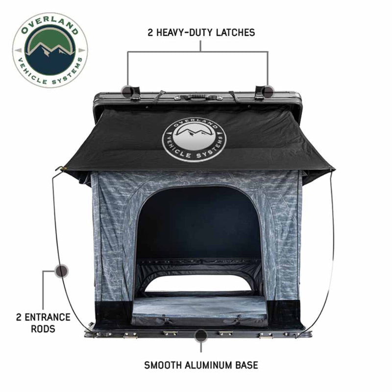 Image of Overland Vehicle Systems Lhotse rooftop tent featuring two heavy-duty latches, two entrance rods, and a smooth aluminum base, with a front view on a white background