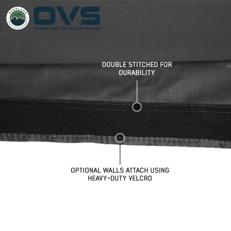 Image showcasing the double-stitched durability of an OVS awning and the heavy-duty velcro attachment for optional walls.