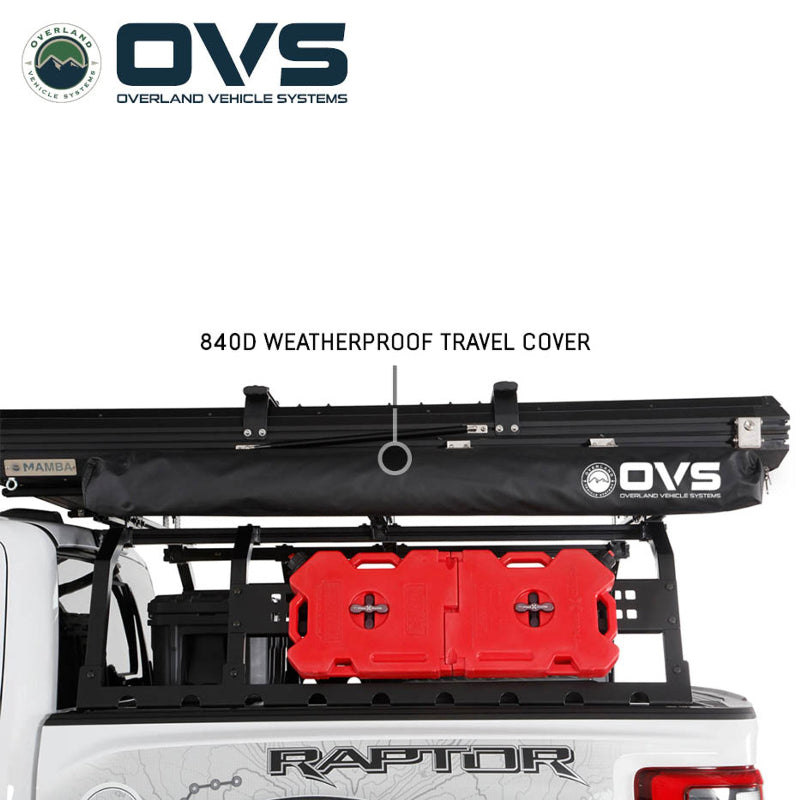 Image showing an OVS awning neatly stowed in an 840D waterproof travel cover, mounted on a truck bed rack with red fuel containers.