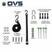 Image of various OVS awning accessories, including a 115" length strap, a 16" length tie-down, 2 U-bolts with nuts, 4 sets of shock cord with retention, 8 heavy-duty ground stakes, 4 washers, 4 split lock washers, 4 screws, and 4 nuts, all laid out on a white background.
