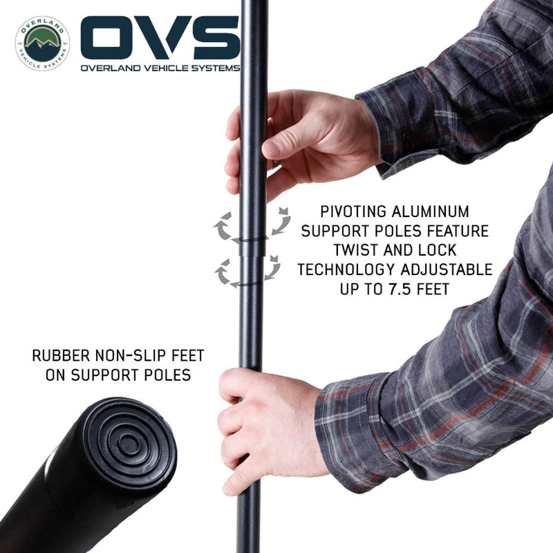 Image demonstrating a pivoting aluminum support pole with twist and lock technology, adjustable up to 7.5 feet, and an inset showing its rubber non-slip foot.