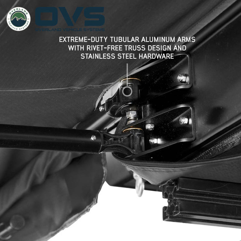 Image showcasing the extreme-duty tubular aluminum arms of an awning, featuring a rivet-free truss design and stainless steel hardware for robust articulation.